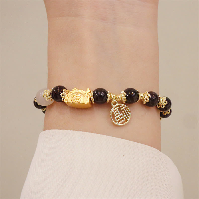 Buddha Stones Année du Dragon Agate Rouge Quartz Fraise Obsidienne Noire Jade Grenat Perle Cinabre Dumpling Dragon Luck Fu Bracelet Caractère