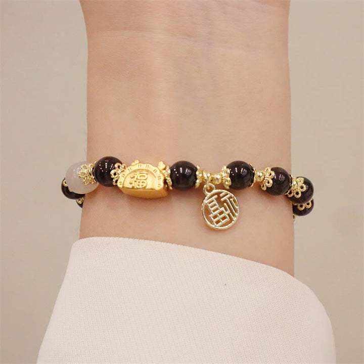 Buddha Stones Année du Dragon Agate Rouge Quartz Fraise Obsidienne Noire Jade Grenat Perle Cinabre Dumpling Dragon Luck Fu Bracelet Caractère