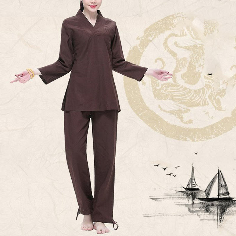 Ensemble de vêtements pour femmes en coton et lin avec Buddha Stones, pratique zen, yoga, méditation, prière, col en V - image 13