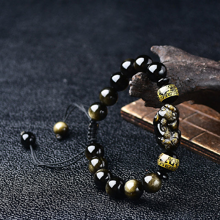 Bracelet tressé en Buddha Stones naturelle dorée et brillante PiXiu Om Mani Padme Hum Wealth