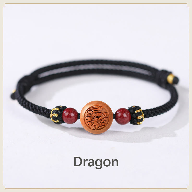 Bracelet de richesse en bois de pêche naturel Buddha Stones et caractère Fu du zodiaque chinois sculpté en cinabre
