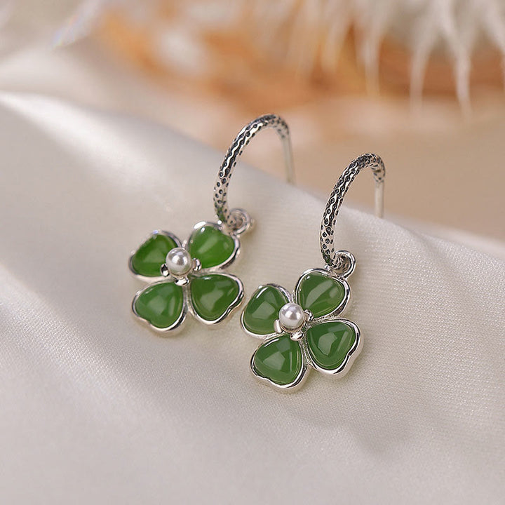 Boucles d'oreilles trèfle à quatre feuilles en argent sterling 925 et jade cyan naturel avec pierres de Buddha Stones