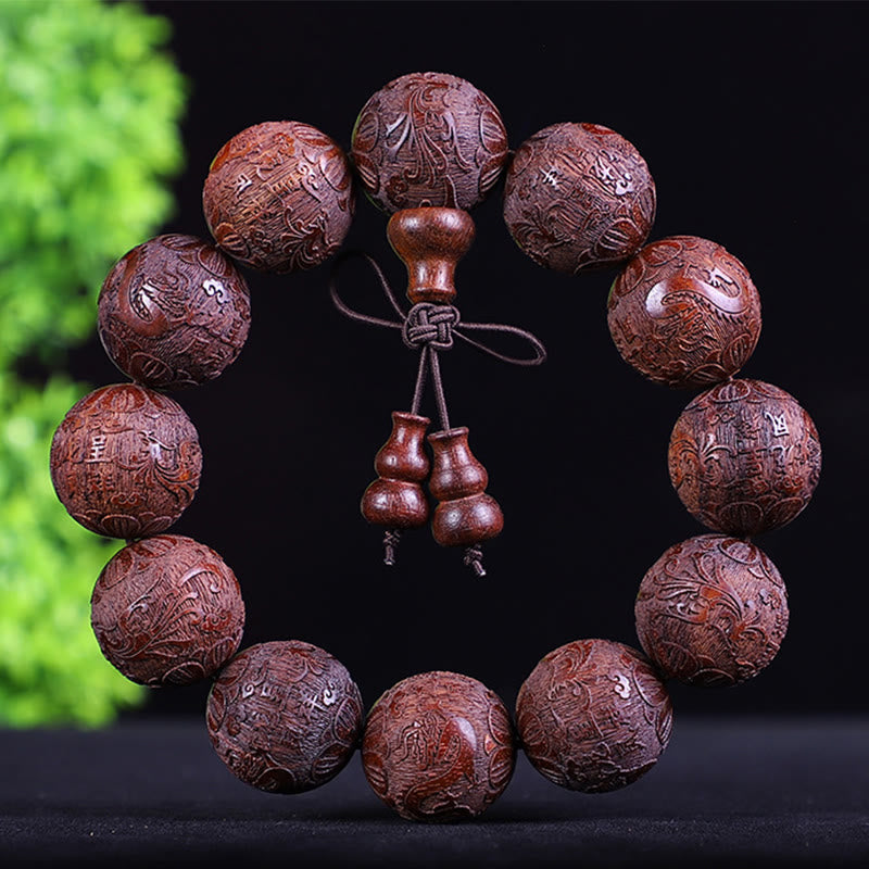 Bracelet de chaleur sculpté PiXiu en bois de rose, ébène, pièce de cuivre et Buddha Stones, signe du zodiaque chinois