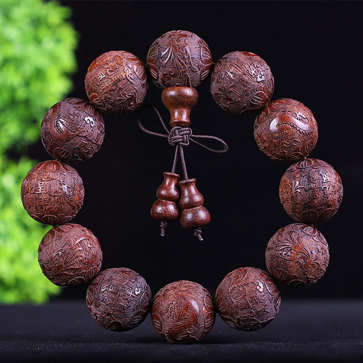 Bracelet de chaleur sculpté PiXiu en bois de rose, ébène, pièce de cuivre et Buddha Stones, signe du zodiaque chinois