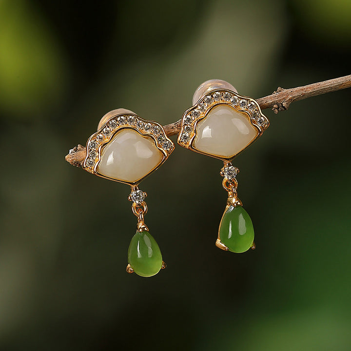 Boucles d'oreilles pendantes porte-bonheur en forme d'éventail en jade blanc et jade cyan Buddha Stones