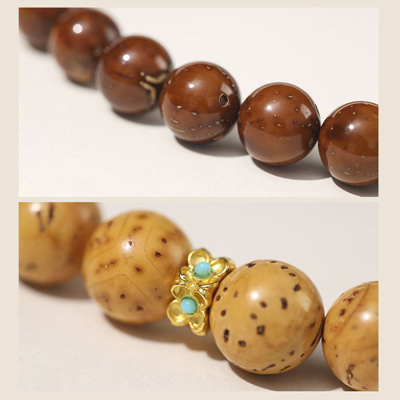 Bracelet double tour en Buddha Stones tibétaines naturelles violettes et dorées avec graines de Bodhi et de richesse
