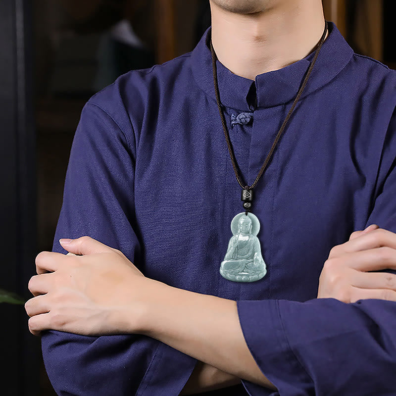 Collier pendentif en Buddha Stones Amitabha en jade naturel avec amulette de lotus et chaîne de compassion - image 4