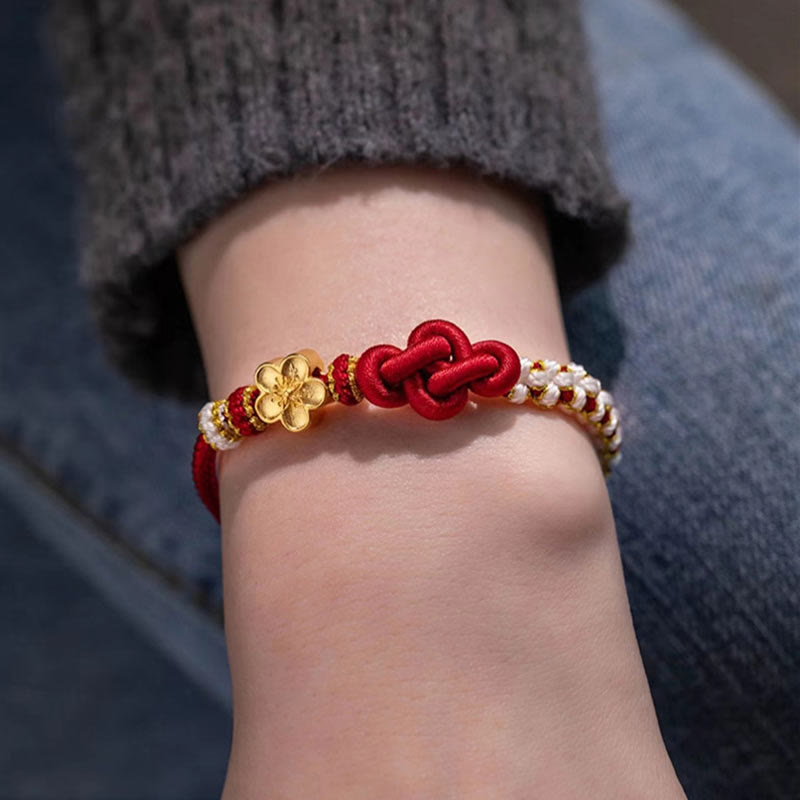 Bracelet porte-bonheur en corde avec breloque en fleur de pêcher et nœud d'amour véritable fait à la main par Buddha Stones