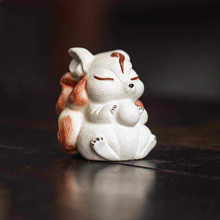 Mini renard à neuf queues en argile violette, décoration de bureau porte-bonheur en Buddha Stones