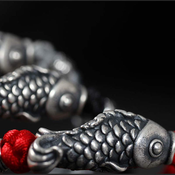 Bracelet tressé en argent avec motif poisson Koi et Buddha Stones