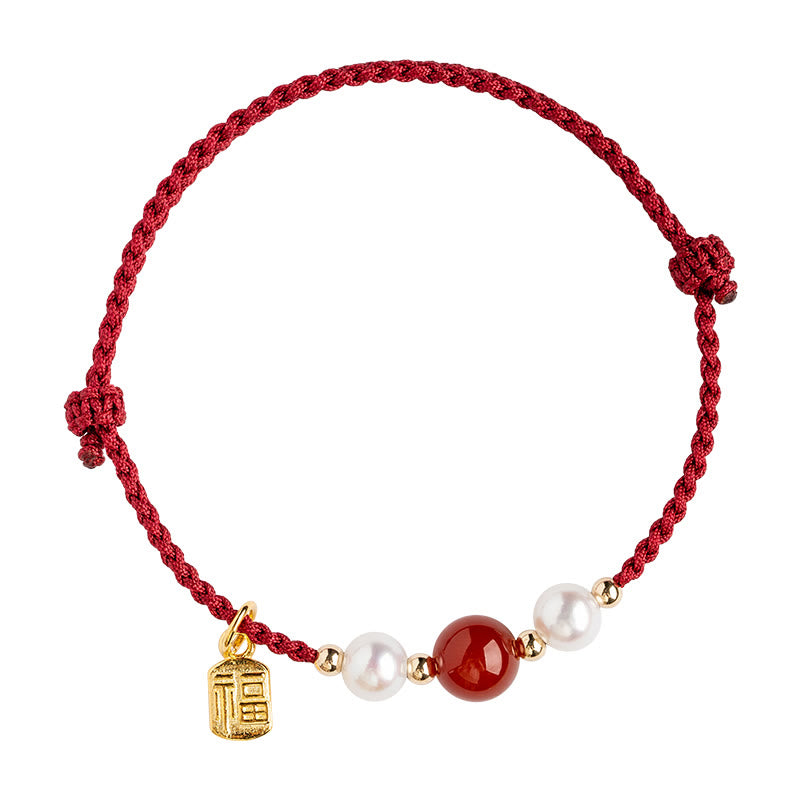 Bracelet tressé en fil rouge avec perles d'agate et personnage Fu en argent sterling 925 et Buddha Stones