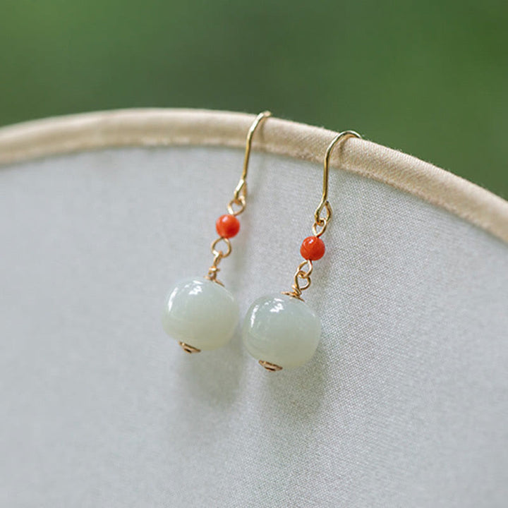 Boucles d'oreilles pendantes porte-bonheur en jade rouge Hetian plaqué or 14 carats et argent sterling 925 avec Buddha Stones - image 12