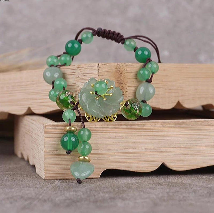 Bracelet porte-bonheur en jade vert naturel Buddha Stones et fleur pendante