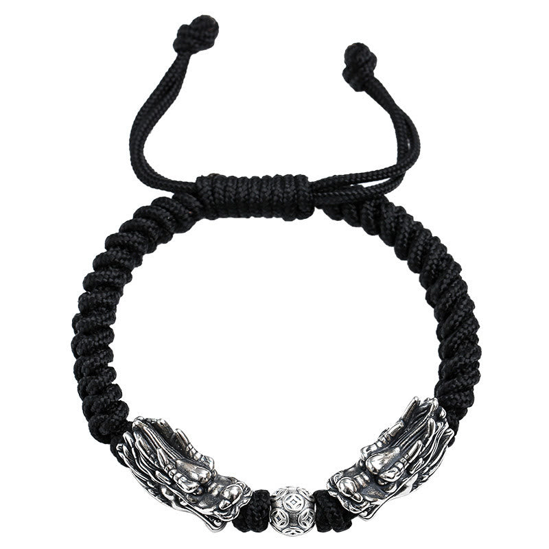 Bracelet tressé fait main en argent sterling 999 avec double dragon porte-bonheur de Buddha Stones