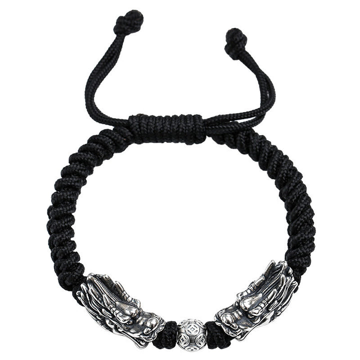 Bracelet tressé fait main en argent sterling 999 avec double dragon porte-bonheur de Buddha Stones