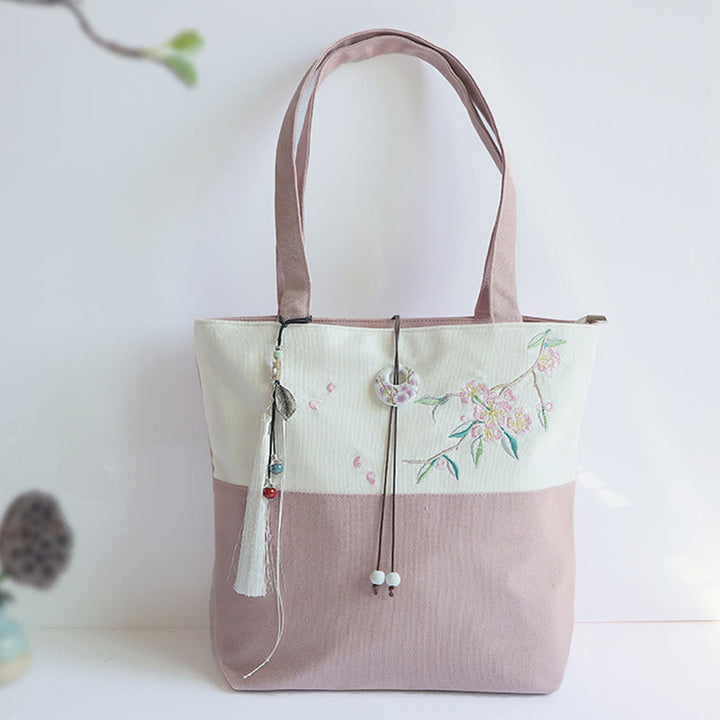 Sac à bandoulière en toile brodée de bambou avec fleur de poire, prunier, fleur de pêcher, grande capacité, sac fourre-tout
