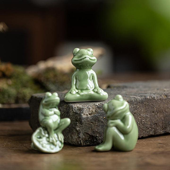 Buddha Stones Mini Petite Méditation Lotus Repos Grenouille Céramique Richesse Chance Maison Thé Animal Figurine Décoration