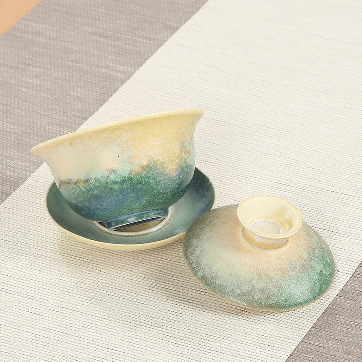 Tasse à thé et soucoupe en porcelaine avec motif de vagues de l'océan vert et Buddha Stones , tasse à thé Gaiwan Sancai en céramique Kung Fu avec couvercle
