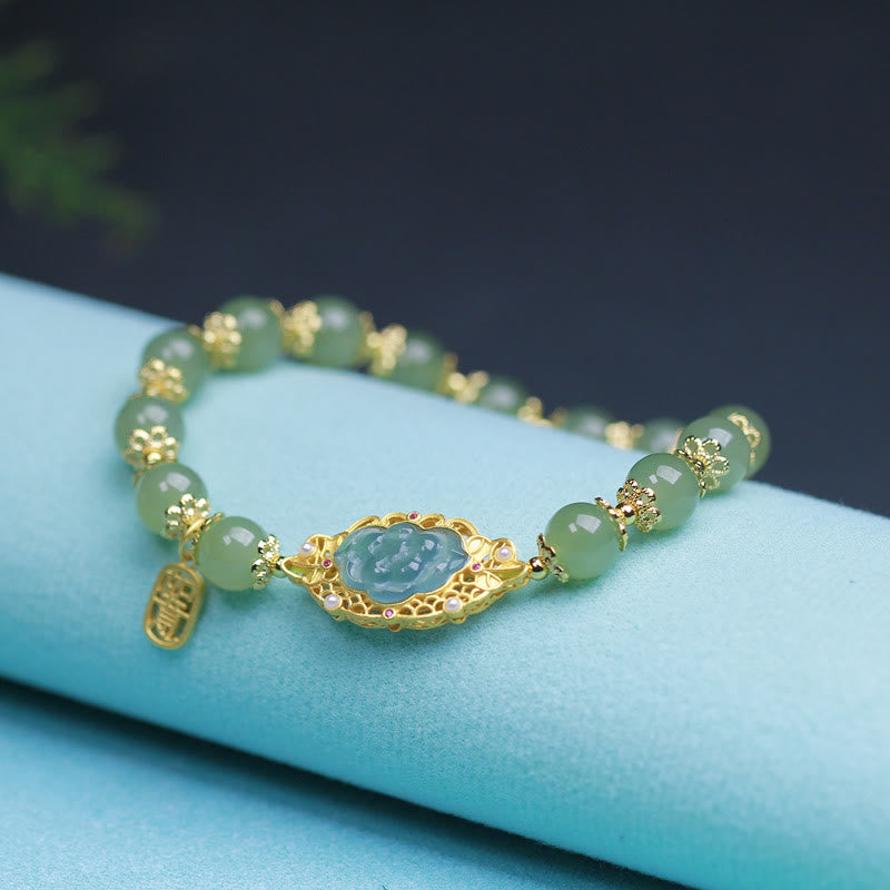 Bracelet porte-bonheur en argent sterling 925 plaqué or 14 carats avec lotus en jade Hetian