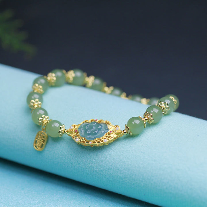Bracelet porte-bonheur en argent sterling 925 plaqué or 14 carats avec lotus en jade Hetian