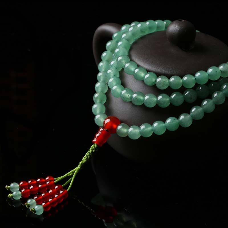 Bracelet Mala porte-bonheur en Buddha Stones, 108 perles, aventurine verte, agate rouge