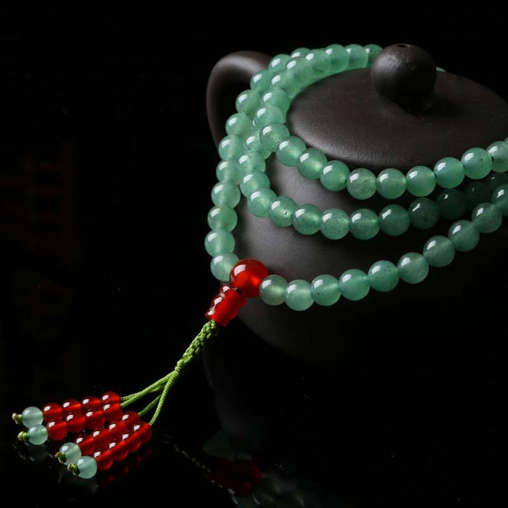 Bracelet Mala porte-bonheur en Buddha Stones, 108 perles, aventurine verte, agate rouge