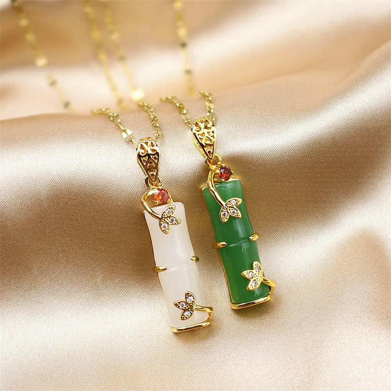 Collier pendentif protection chanceuse en bambou et jade blanc et jade cyan Buddha Stones