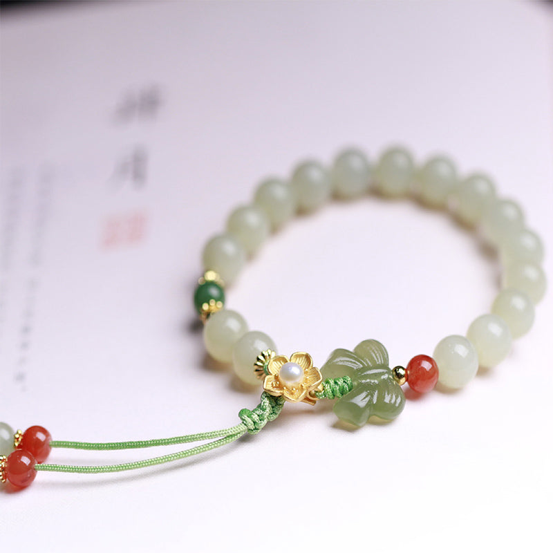Bracelet Buddha Stones en argent sterling 925 et jade avec fleur porte-bonheur et papillon - image 1