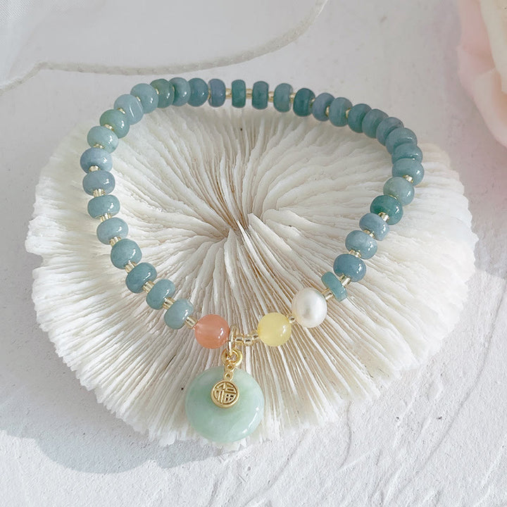 Buddha Stones Bracelet porte-bonheur PiXiu en jade naturel Hetian avec boucle de paix et personnage Fu