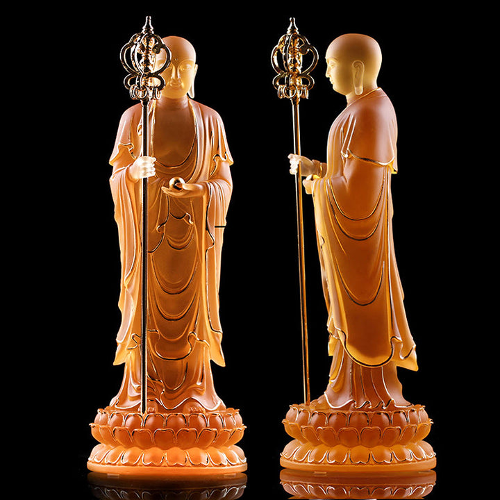 Buddha Stones faites à la main Ksitigarbha Bodhisattva Figurine Liuli Cristal Pièce d'art Statue de sérénité Décoration de la maison