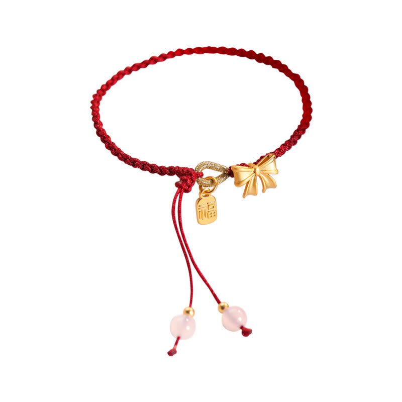 Bracelet en corde rouge fait à la main avec Buddha Stones en forme de rosette en forme de nœud papillon et de caractère Fu, porte-bonheur et fortune