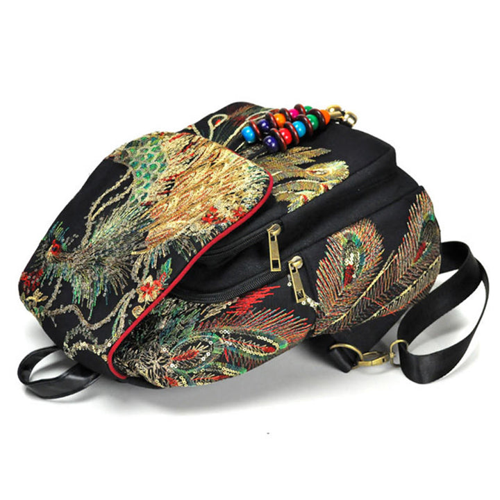 Sac à dos à pompons en toile avec broderies de paon et Buddha Stones