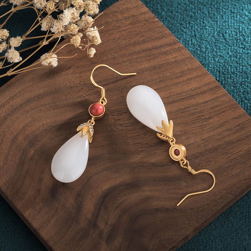 Boucles d'oreilles pendantes porte-bonheur en jade blanc Feng Shui Buddha Stones