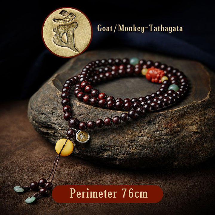 Buddha Stones Zodiaque chinois Bouddha natal 108 perles Mala Petite feuille Bois de santal rouge Agate rouge Bracelet de protection PiXiu