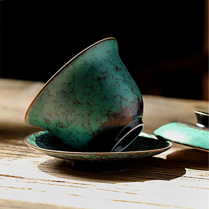 Tasse à thé et soucoupe en céramique émaillée verte rétro Buddha Stones Gaiwan Sancai Tasse à thé Kung Fu et soucoupe avec couvercle