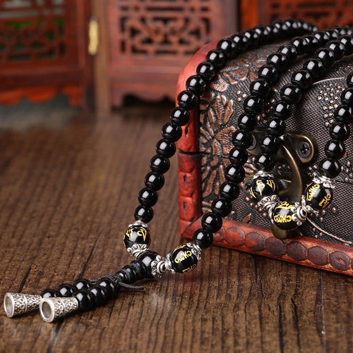 Bracelet Mala de protection en obsidienne noire avec six mots vrais de Buddha Stones