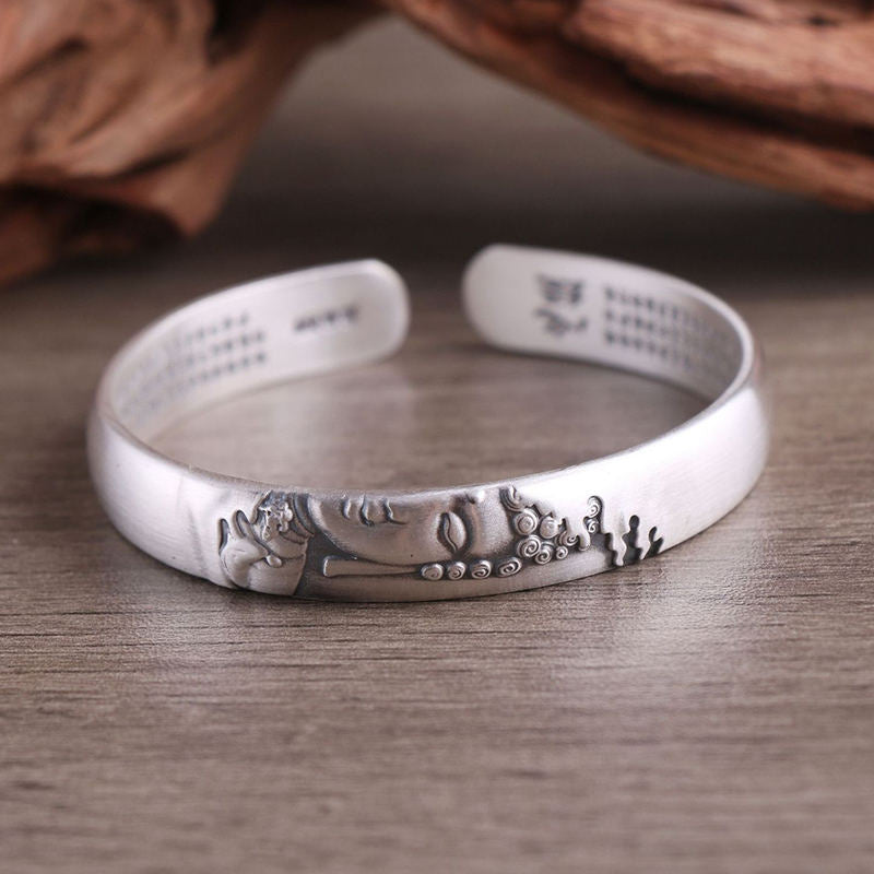 Bracelet Buddha Stones en argent sterling 999 avec tête de Bouddha et cœur Sutra de la sérénité