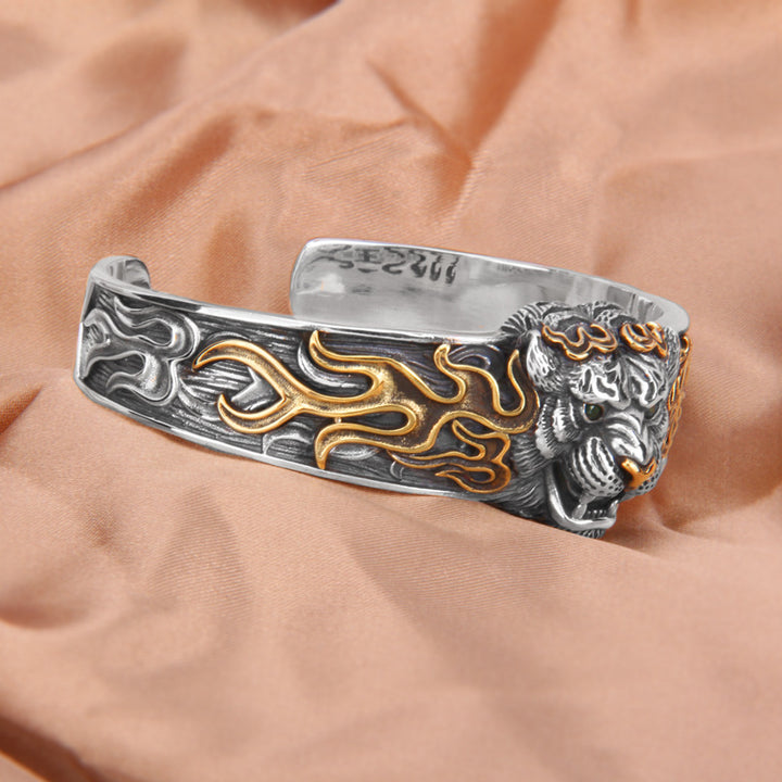 Bracelet jonc en argent sterling 925 Buddha Stones et signe du zodiaque chinois, tigre, éloigne les mauvais esprits