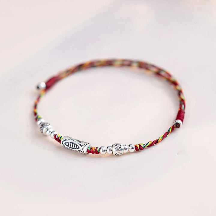 Bracelet de cheville tressé en argent sterling 925 avec poisson Koi et pierres de Buddha Stones