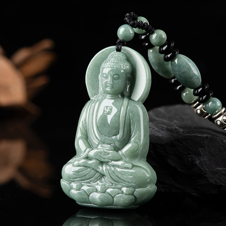 Collier en cordon de compassion avec amulette en jade Bouddha Amitabha et Buddha Stones