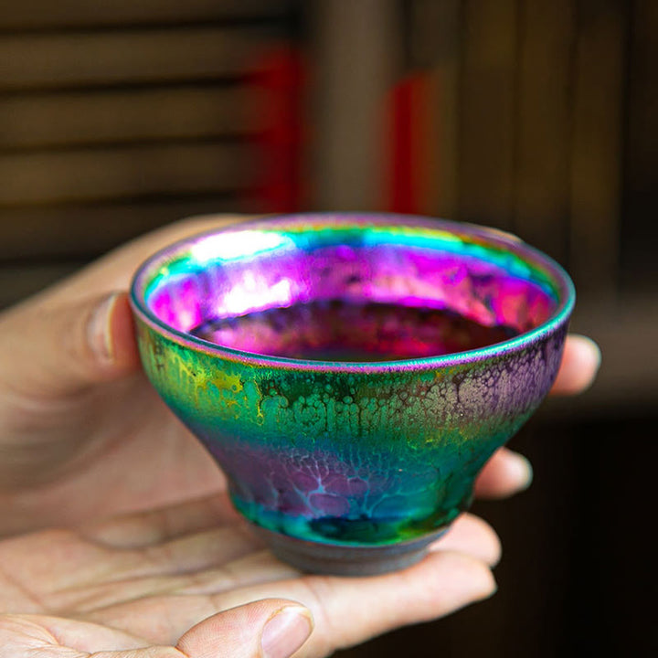 Tasse à thé chinoise Jianzhan en céramique faite à la main avec Buddha Stones et arc-en-ciel