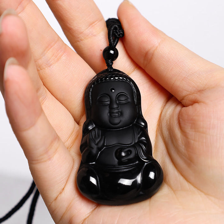 Collier pendentif porte-bonheur en Buddha Stones en cristal d'obsidienne noire naturelle, protection de la force du Bouddha, amulette - image 5