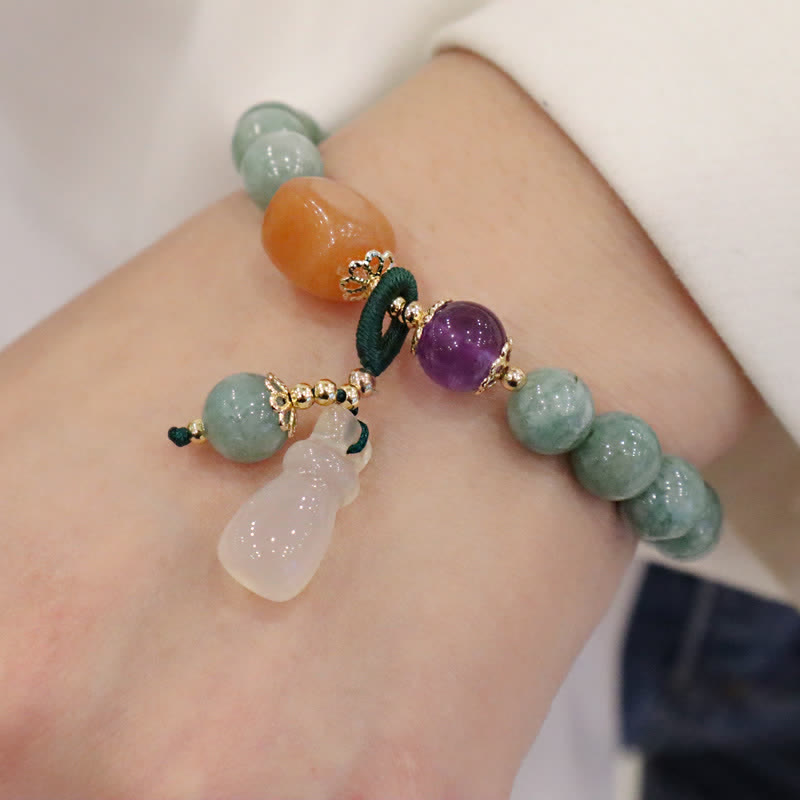 Bracelet de guérison en cristal d'améthyste avec boucle de paix et lotus en jade cyan et citrouille