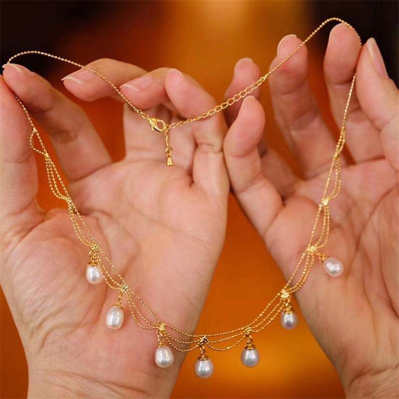 Collier pendentif multicouches de guérison en perles de perles plaquées or 14 carats vintage