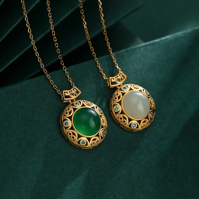 Collier pendentif en argent sterling 925 avec calcédoine verte et jade blanc Hetian