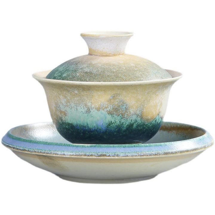 Tasse à thé et soucoupe en porcelaine avec motif de vagues de l'océan vert et Buddha Stones , tasse à thé Gaiwan Sancai en céramique Kung Fu avec couvercle