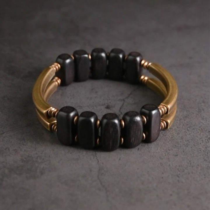 Bracelet double couche en bois d'ébène tibétain, laiton et cuivre, Buddha Stones - image 1