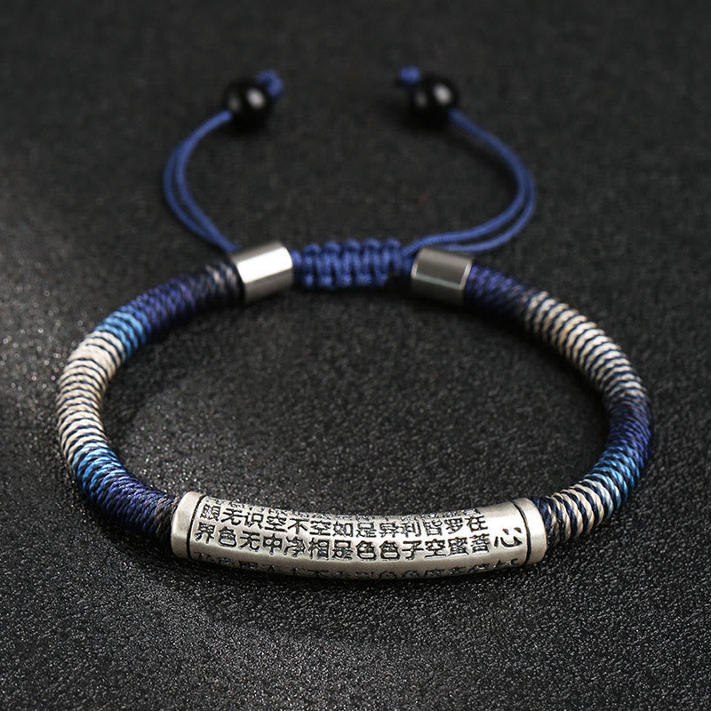 Bracelet tressé fait main en argent sterling 999 Buddha Stones et cœur Sutra Calme