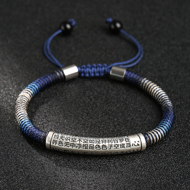 Bracelet tressé fait main en argent sterling 999 Buddha Stones et cœur Sutra Calme