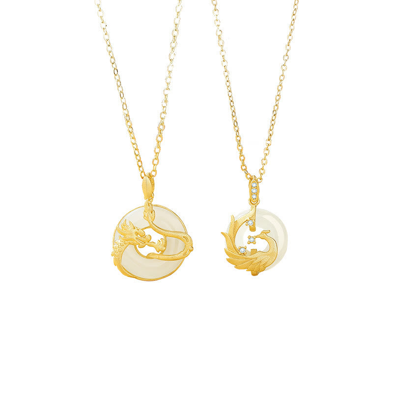 Collier pendentif porte-bonheur en argent sterling 925 avec Buddha Stones et jade Hetian de l'année du dragon et du phénix doré - image 9